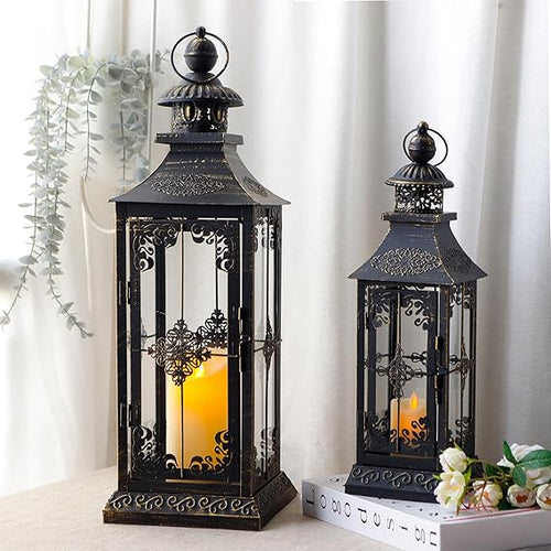 Vintage Metal Candle Lanterns Set of 2 – Indoor Outdoor Hanging Lanterns with Tempered Glass