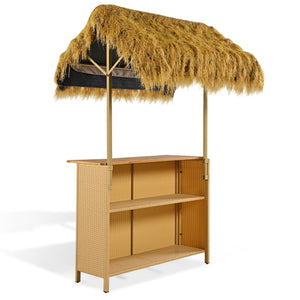 Hawaiian Outdoor Bar Table and Stools Set – 3-Piece Patio Bar Set with PE Grass Canopy