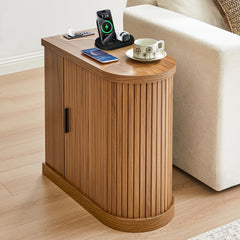 Narrow End Table with Charging Station, Door & Shelf – Walnut