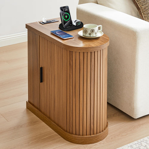 Narrow End Table with Charging Station, Door & Shelf – Walnut