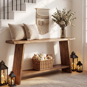 62.99" Solid Wood Console Table with 2-Tier Storage Shelf