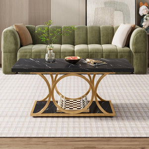 47" 2-Tier Rectangle Coffee Table with Faux Marble Top & Geometric Metal Legs