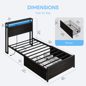 Twin XL Bed Frame with Storage Drawers, LED Light & Charging Station