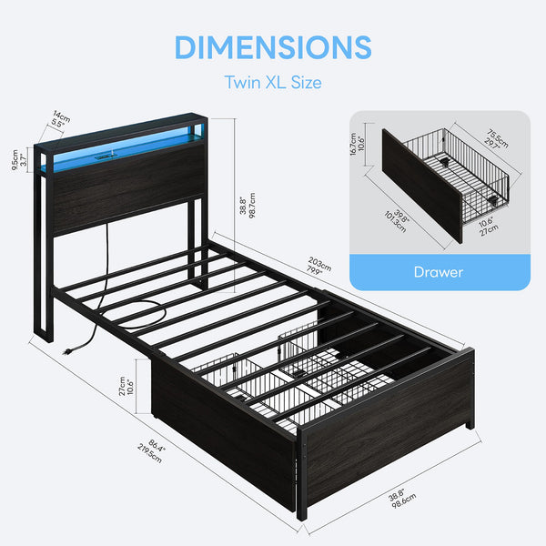 Twin XL Bed Frame with Storage Drawers, LED Light & Charging Station