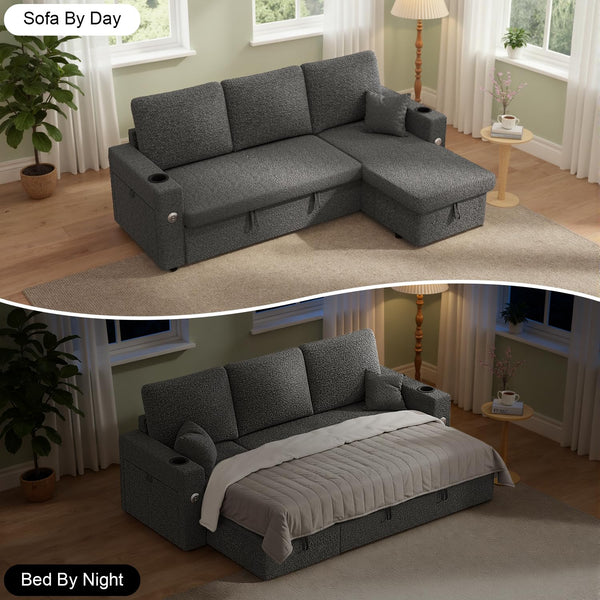 L-Shaped Sectional Sleeper Sofa with Storage Chaise, Charging Ports & Cup Holders