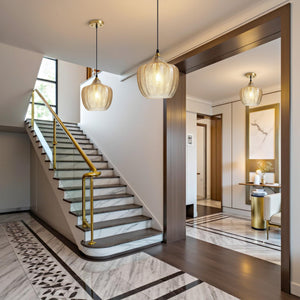 Amber Glass Pendant Light – Adjustable Gold Farmhouse Ceiling Fixture