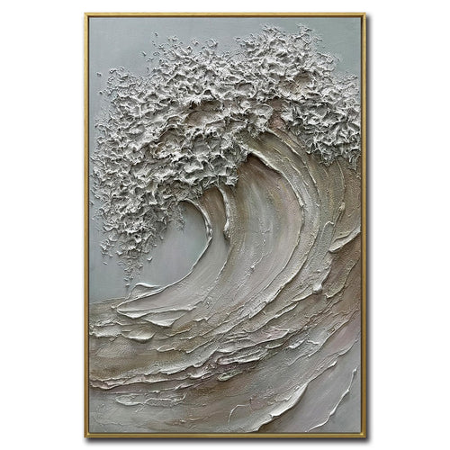 3D Textured Wave Canvas Wall Art – 24x36 Hand-Painted Oil Painting with Wood Frame