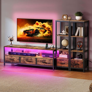 TV Stand with Bookshelves, LED Lights & Power Outlets – Fits up to 65" TV