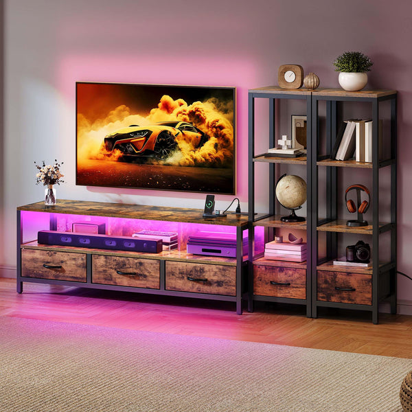 TV Stand with Bookshelves, LED Lights & Power Outlets – Fits up to 65" TV