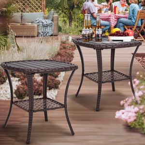 Outdoor Wicker Patio Side Table with 2-Tier Storage