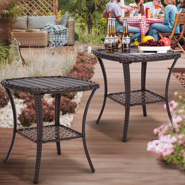 Outdoor Wicker Patio Side Table with 2-Tier Storage