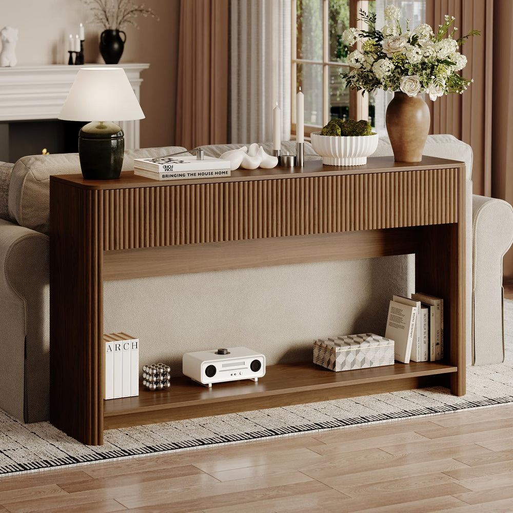 Fluted Console Table with 3 Drawers and Open Shelf