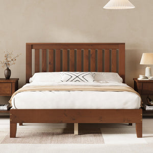 Queen Solid Wood Platform Bed Frame with Vertical Slats Headboard
