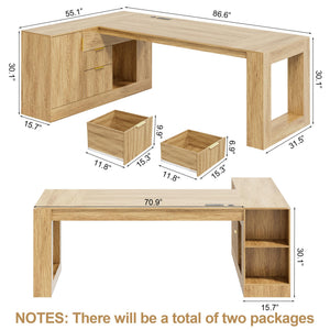 L-Shaped Executive Desk with Drawers, File Cabinet & Power Outlet – Walnut