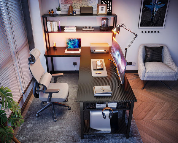 L-Shaped Gaming Desk with Hutch & Storage Shelves