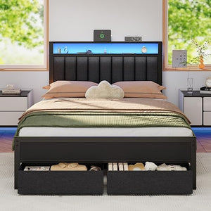 Platform Bed Frame with LED Lights, Charging Station & Storage Drawers