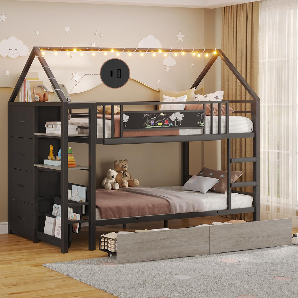 Twin Over Twin House Bunk Bed with Storage Drawers & String Lights