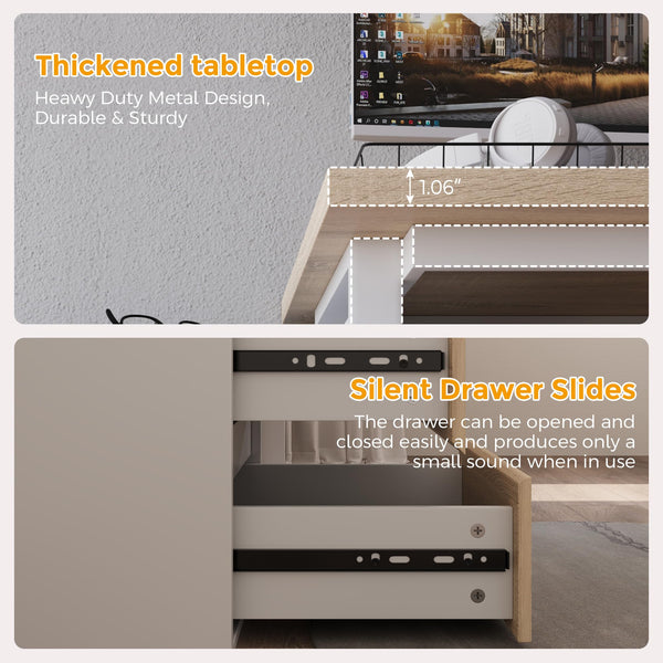 L-Shaped Corner Desk with Drawers and Open Shelves