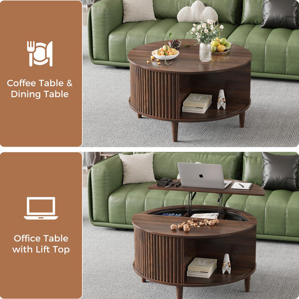 Round Fluted Lift Top Coffee Table with Storage & Sliding Cabinet Door
