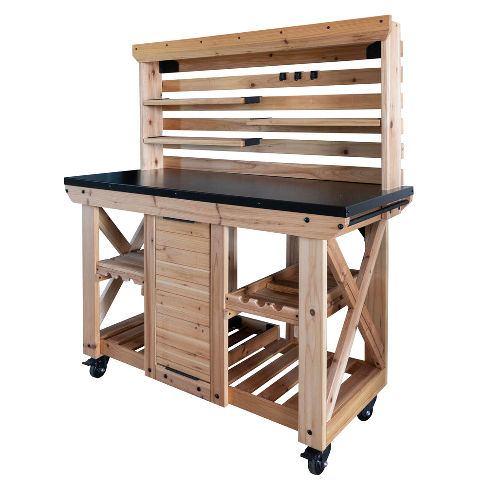 Cedar Wood Buffet Hutch Serving Station with Wine Rack & Steel Countertop