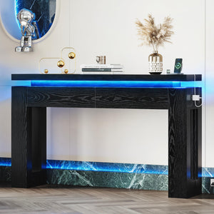 Console Table with LED Lights, Charging Station & Storage Drawers