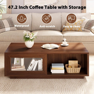 Coffee Table with Sliding Doors & Open Storage Shelf