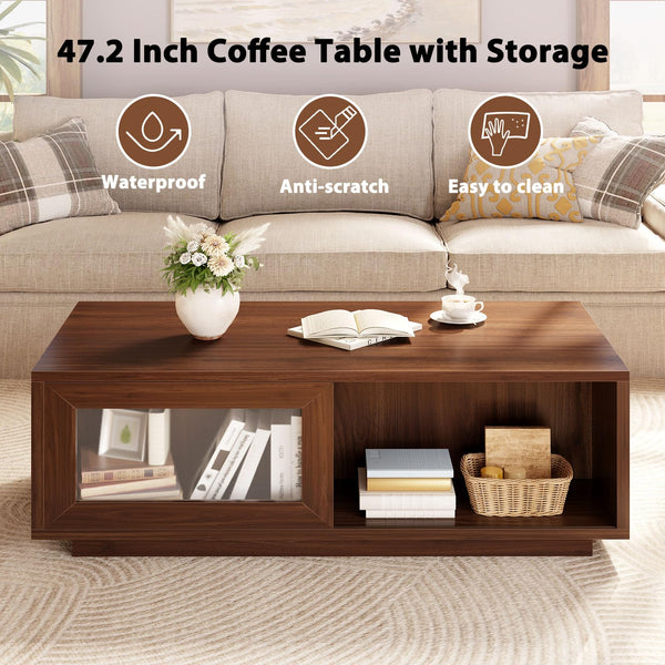 Coffee Table with Sliding Doors & Open Storage Shelf
