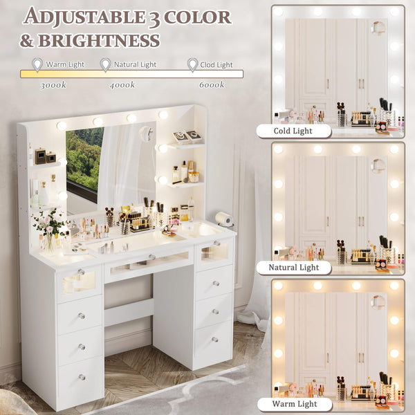 White Vanity Desk with Lighted Mirror, Glass Top & 9 Drawers