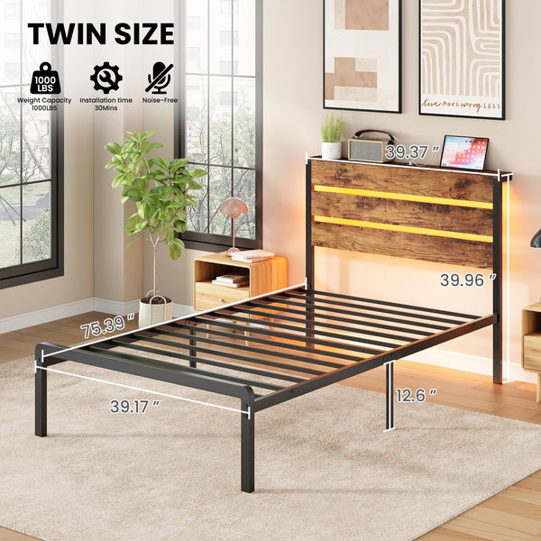 Twin Platform Bed Frame with LED Lights & Charging Station