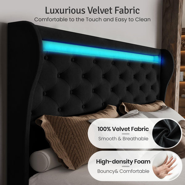 Upholstered Velvet Platform Bed Frame with LED Lights & Charging Ports