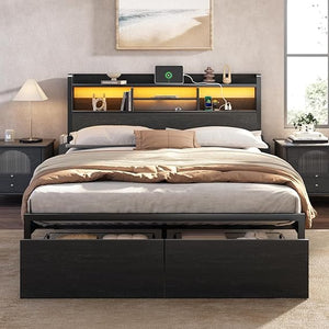 Platform Bed Frame with Storage Drawers, LED Lights & Charging Station