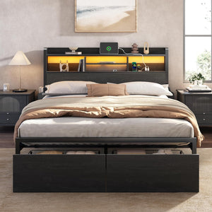 Platform Bed Frame with Storage Drawers, LED Lights & Charging Station