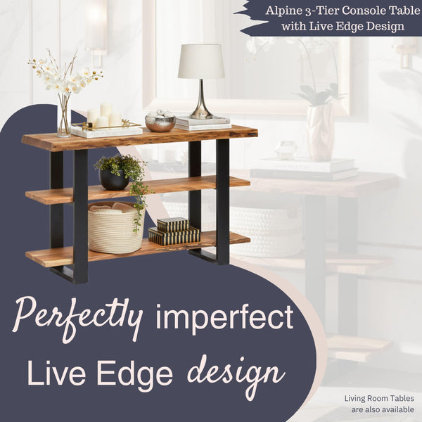 48-Inch 3-Tier Live Edge Console Table with Metal Frame