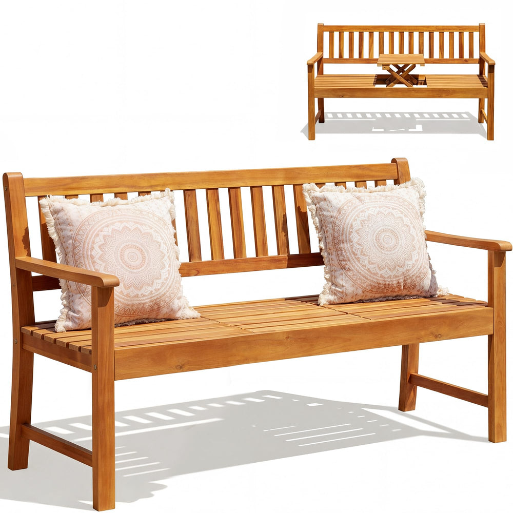 Acacia Wood Outdoor Bench with Pull-Out Center Table