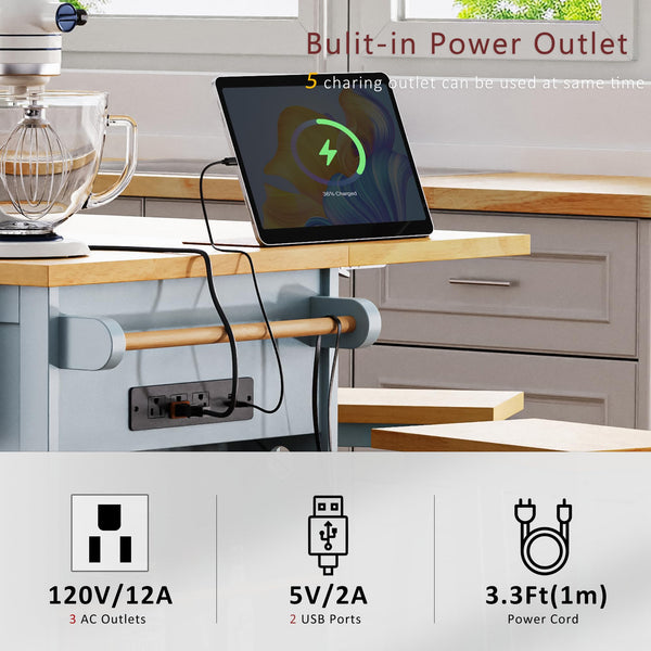 Rolling Kitchen Island with Drop Leaf & Power Outlet