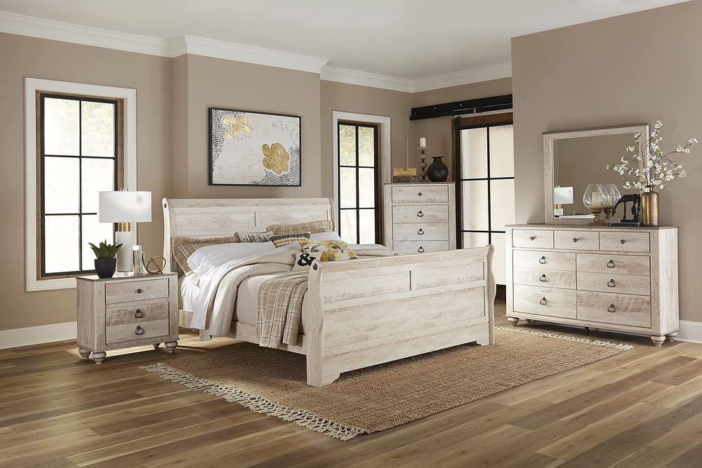 Roundhill Furniture Imerland Contemporary White-wash Finished 6-Piece Sleigh Headboard Bedroom Set, Queen