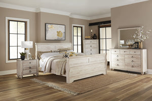 Roundhill Furniture Imerland Contemporary White-wash Finished 6-Piece Sleigh Headboard Bedroom Set, Queen