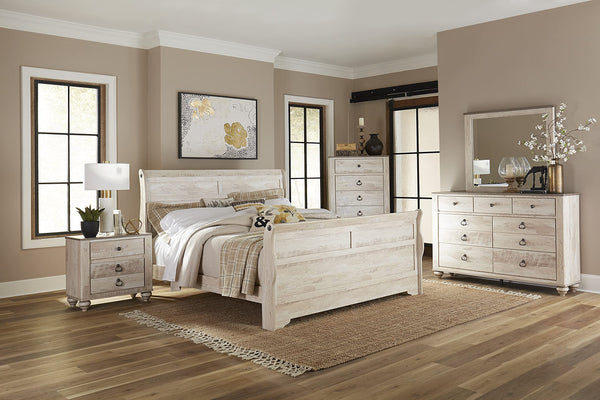 Roundhill Furniture Imerland Contemporary White-wash Finished 6-Piece Sleigh Headboard Bedroom Set, Queen