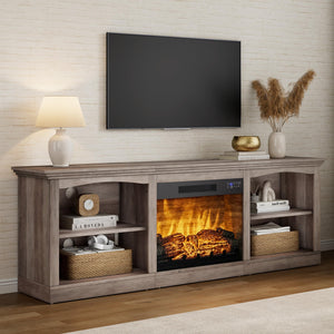 70" Fireplace TV Stand with Open Shelves – Rustic Grey