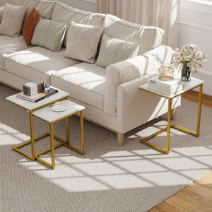 Nesting Coffee Table Set of 3, C-Shaped End Tables with Faux Marble Top