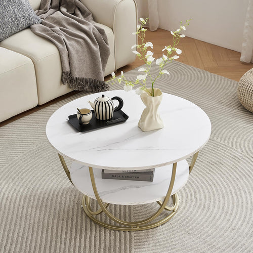Round Coffee Table with Storage, 30" Marble White Top & Gold Frame