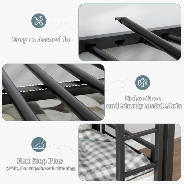 Heavy Duty Metal Bunk Bed Twin Over Twin with Desk, Storage & Convertible Design
