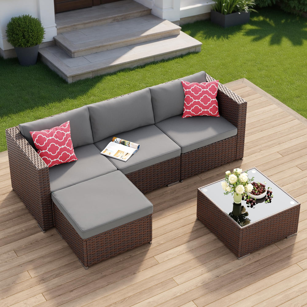 5-Piece Outdoor Wicker Sectional Patio Set with Cushions & Glass Table