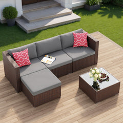 5-Piece Outdoor Wicker Sectional Patio Set with Cushions & Glass Table