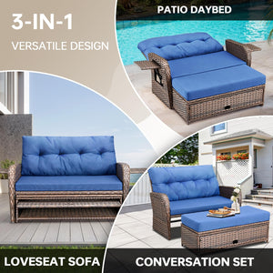 Outdoor Wicker Recliner Daybed Loveseat with Stowable Side Trays