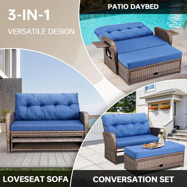 Outdoor Wicker Recliner Daybed Loveseat with Stowable Side Trays