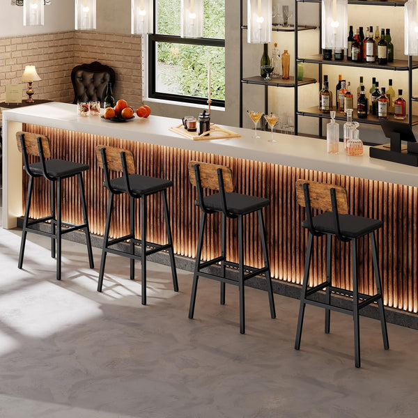 Bar Stools Set of 2 – PU Upholstered with Backrest & Footrest, Rustic Brown & Black
