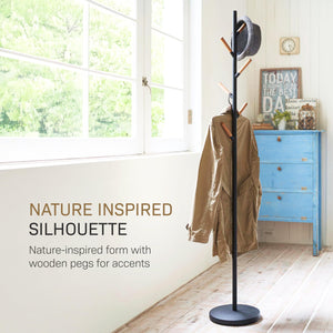 Freestanding Coat Rack with Wooden Hooks – Steel Stand for Entryway