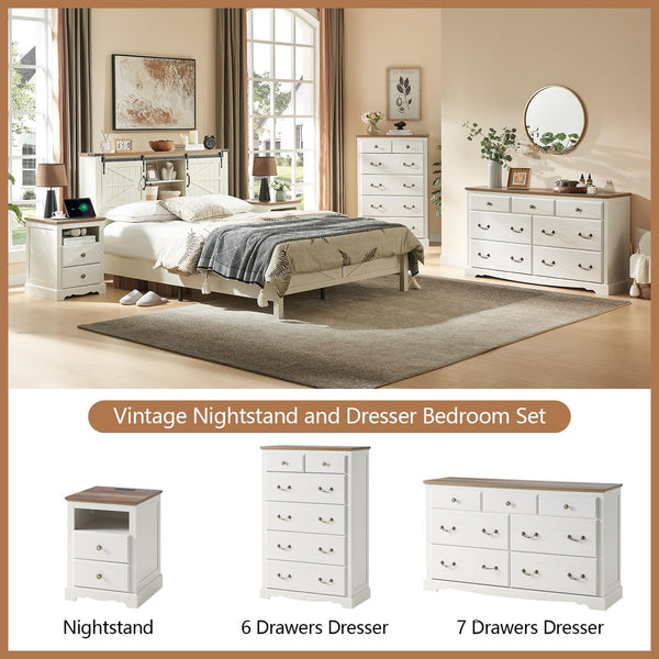 Farmhouse 3-Piece Bedroom Set – 7-Drawer Dresser & 2 Nightstands with Charging Station