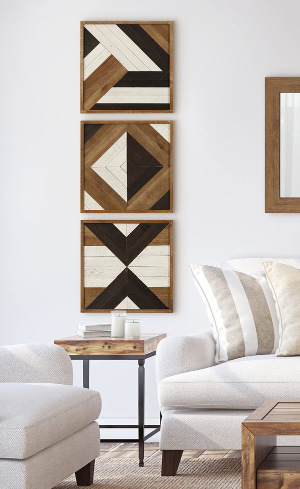 Boho Wood Wall Art Plaque Set of 3 – Geometric Rustic Decor